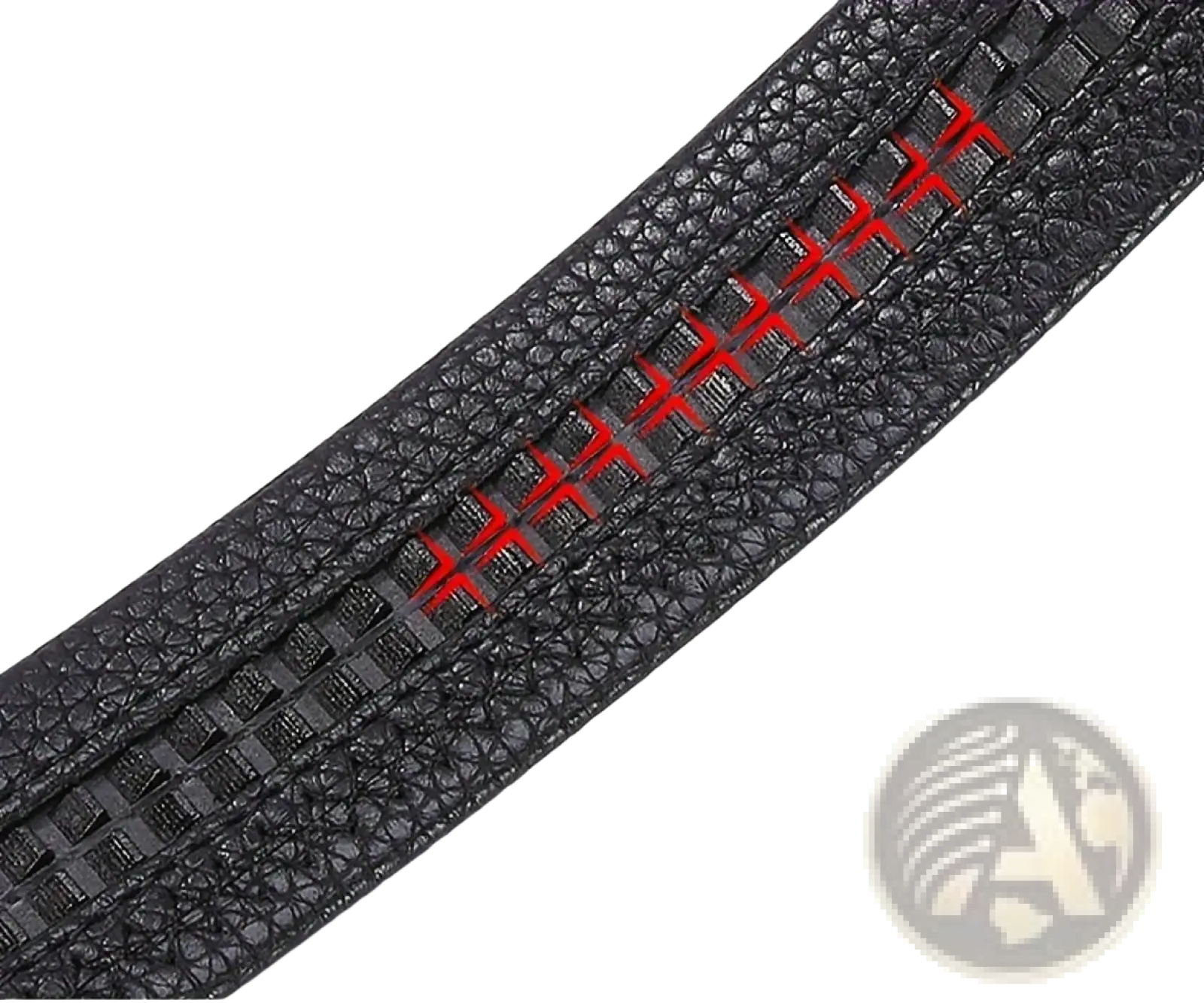 Mens automatic buckle leather belt in black textured leather with red stitching and double slide card slot design