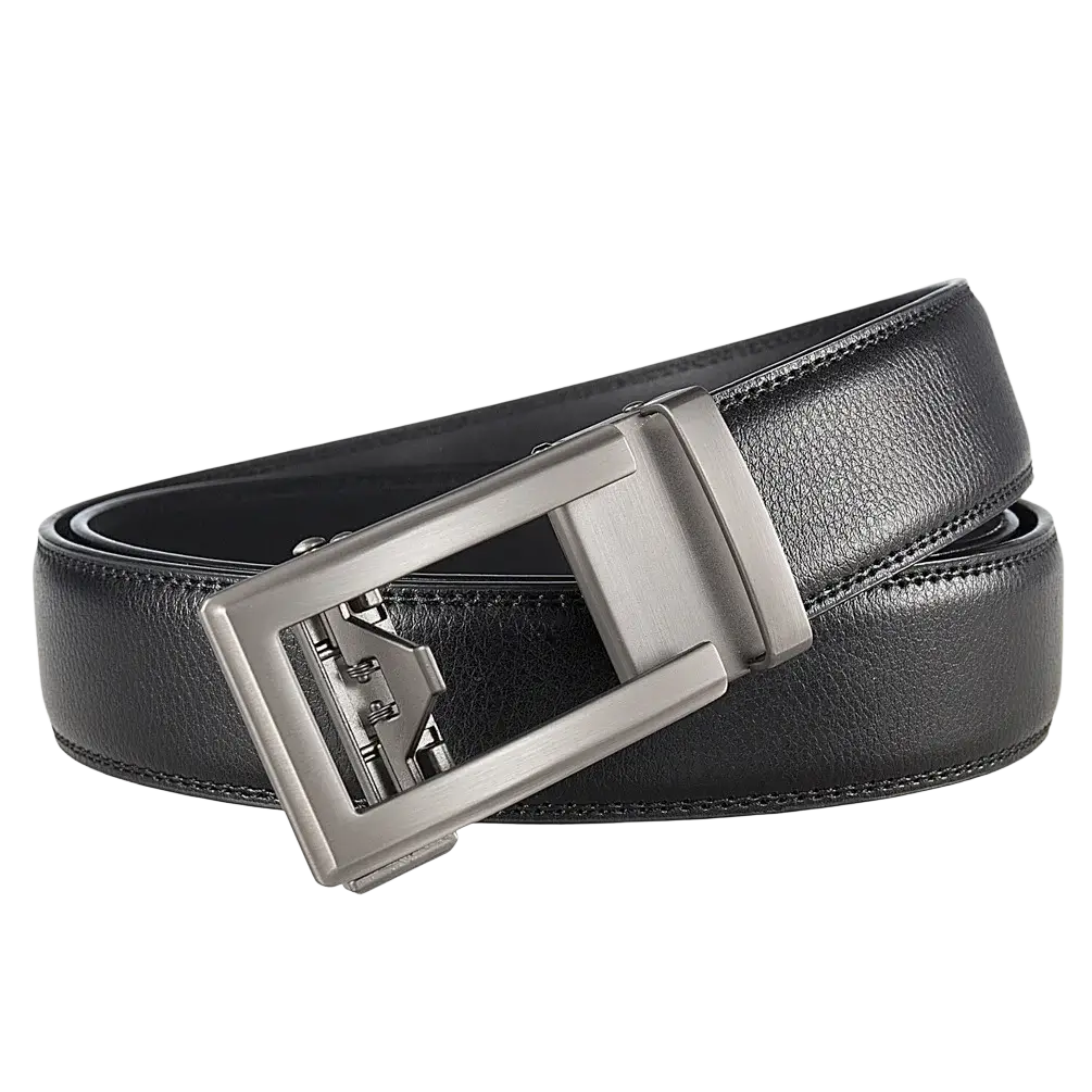 Mens automatic leather belt with a black leather strap and sleek silver-toned automatic buckle for formal wear