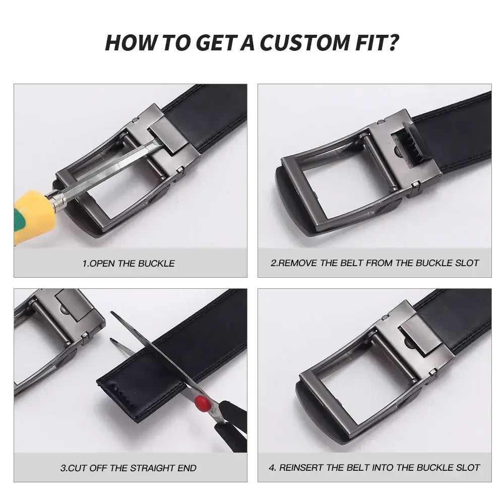 Mens automatic leather belt with black strap and silver-toned automatic buckle for formal wear