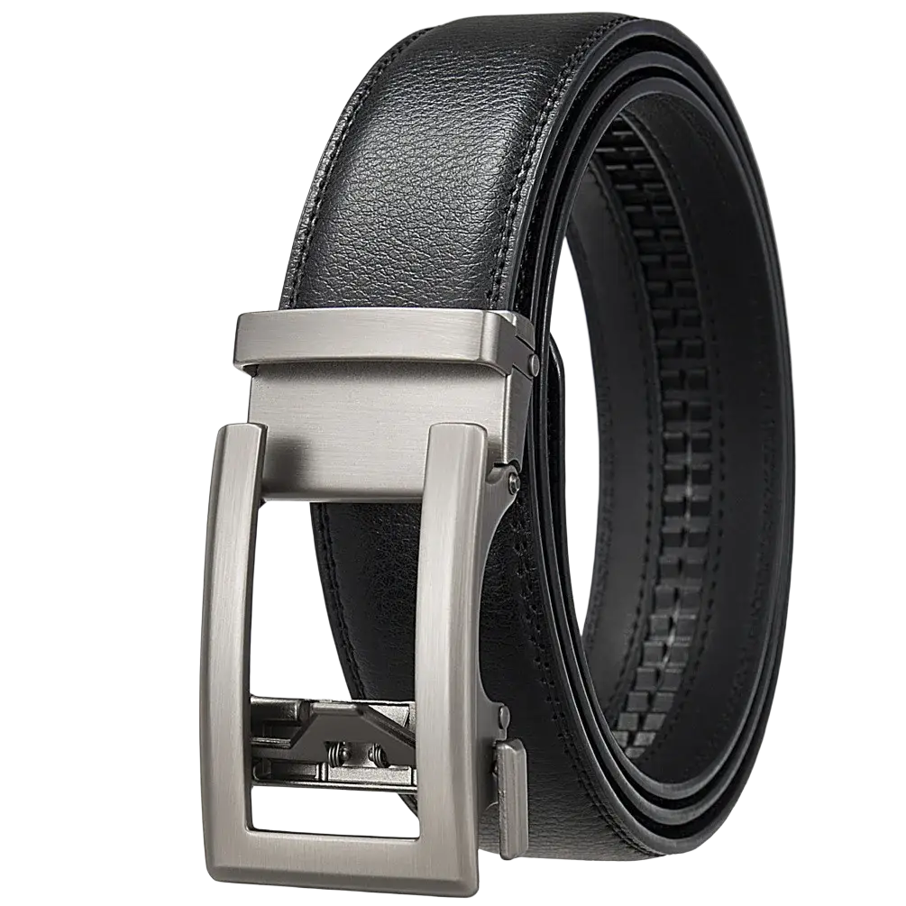 Black leather mens automatic belt with sleek silver-toned buckle for formal wear and black strap