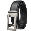Black leather mens automatic belt with sleek silver-toned buckle for formal wear and black strap