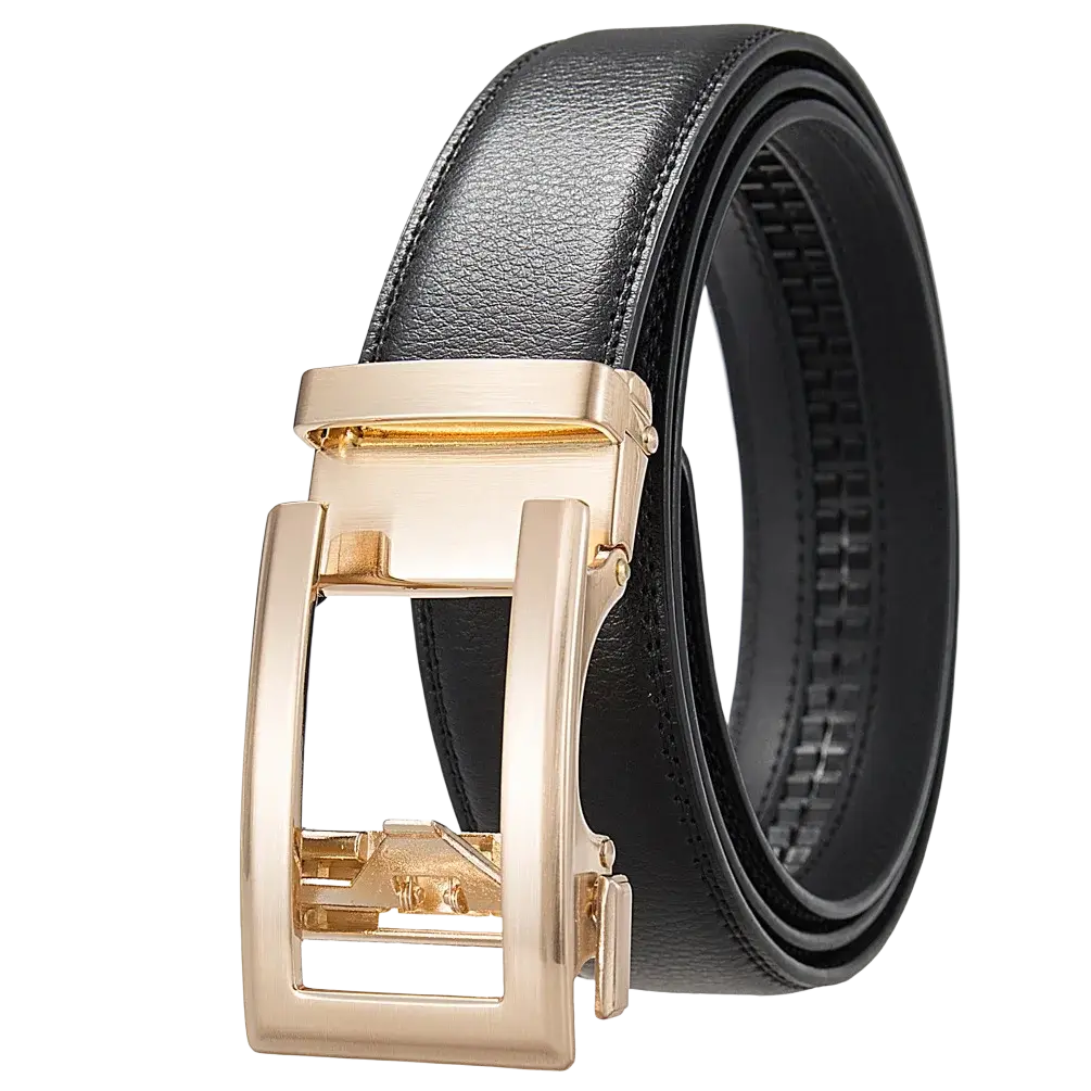 Mens automatic leather belt with a black strap and gold-tone buckle designed for formal wear