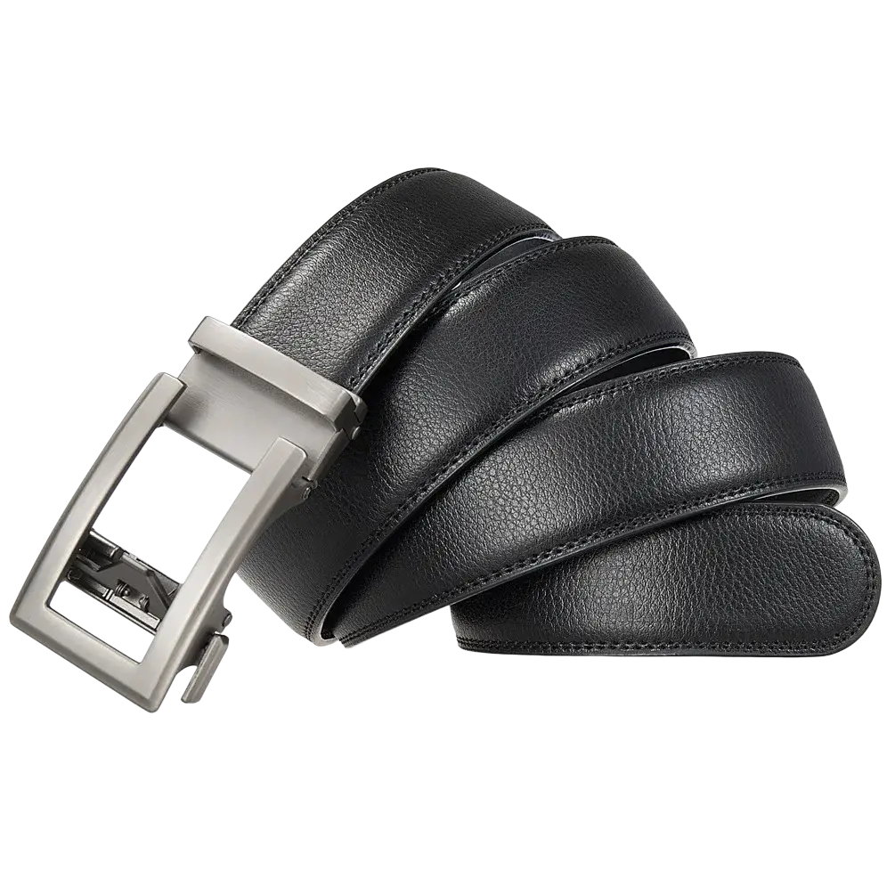 Mens automatic leather belt with formal black leather strap and silver-toned automatic buckle