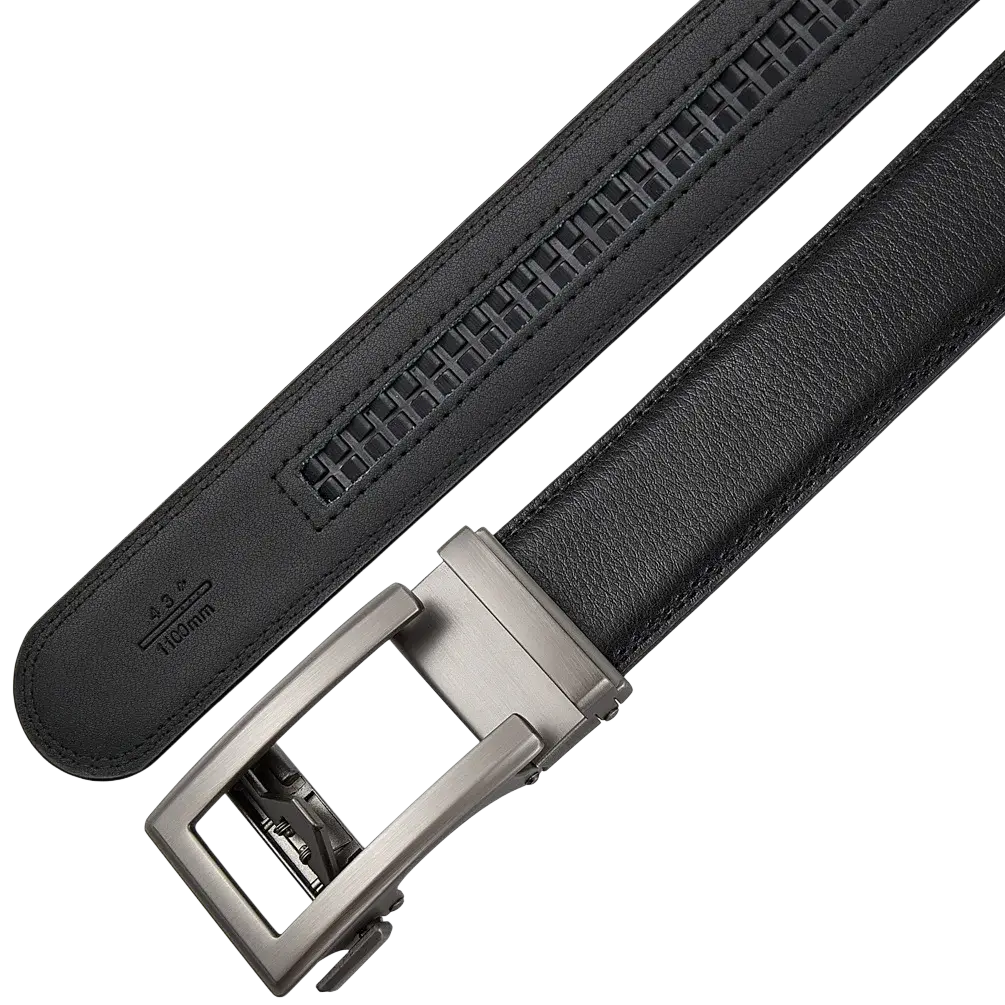 Mens automatic leather belt with a black textured strap and silver-toned automatic buckle for formal wear