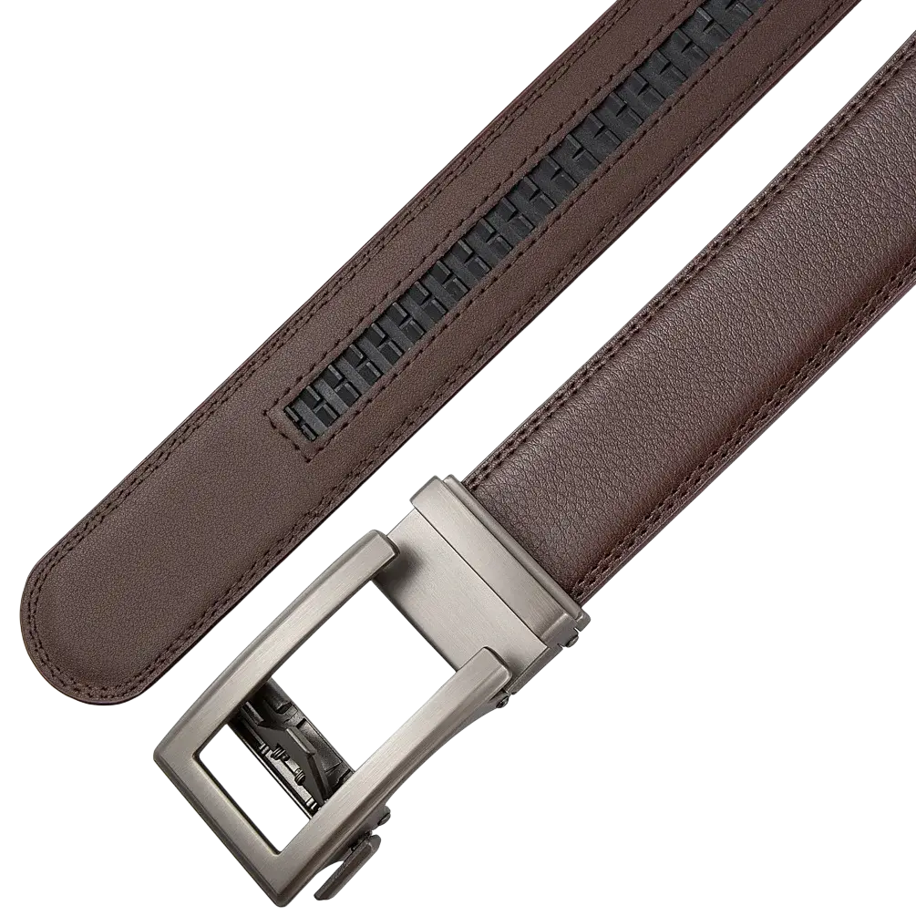 Mens automatic leather belt in brown leather with silver-toned automatic buckle and black woven stripe detail