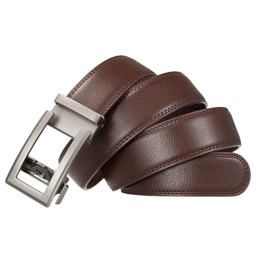 Brown leather mens automatic belt with silver-toned automatic buckle and formal black strap for dress wear