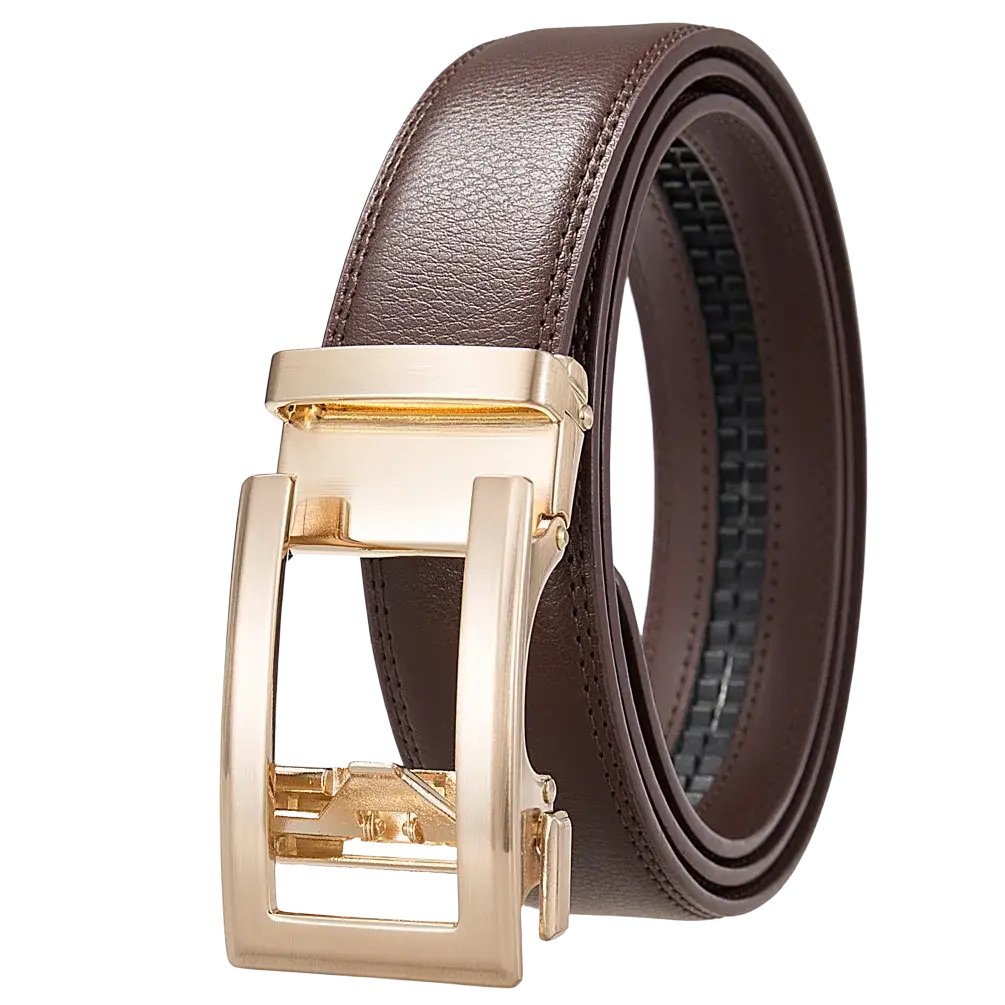 Mens automatic leather belt formal black strap featuring brown leather with a gold-tone automatic buckle