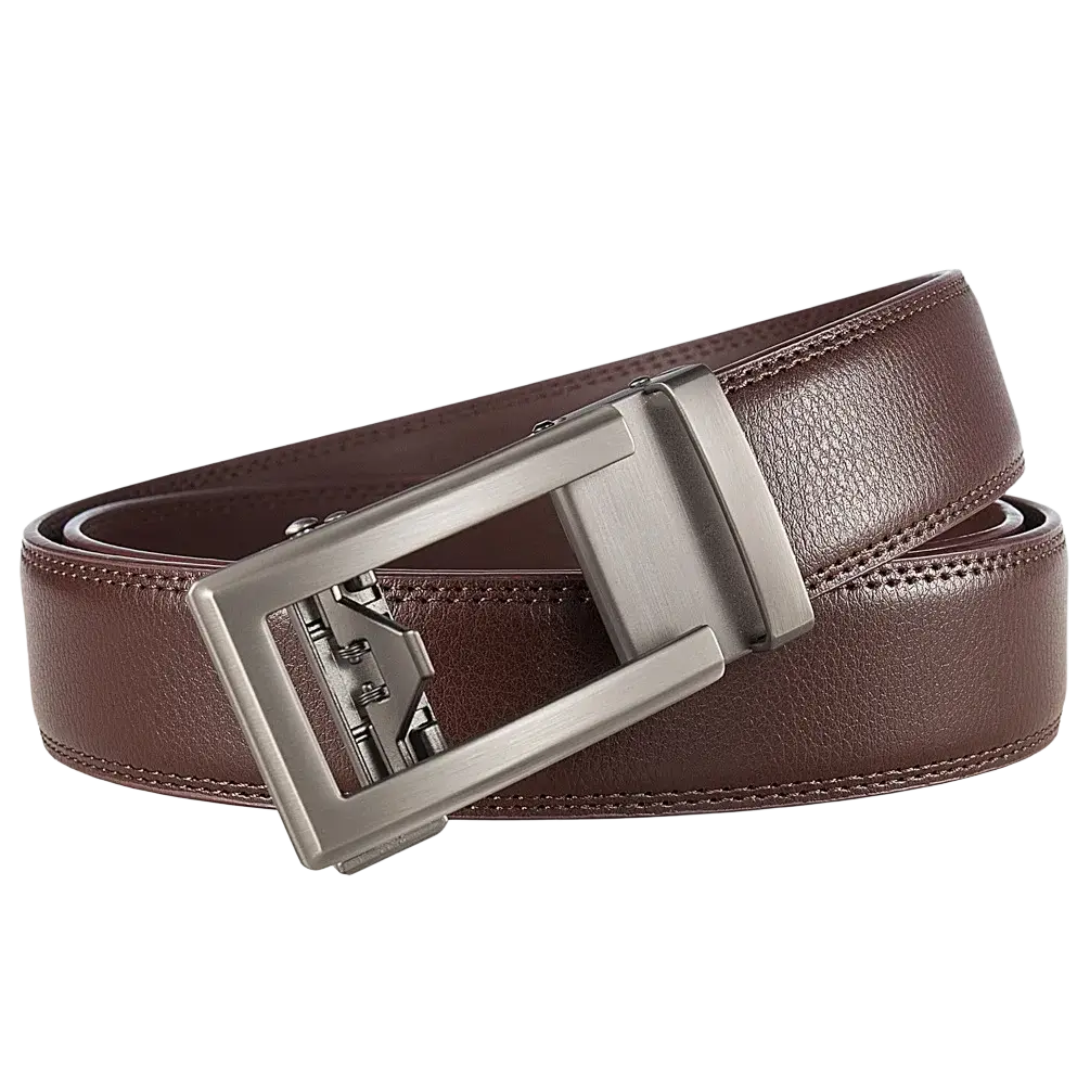 Brown leather mens automatic belt with a silver-toned buckle and a formal black strap for dress wear