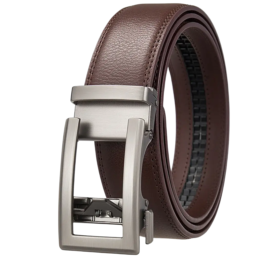 Mens automatic leather belt with brown leather strap and sleek silver toned automatic buckle for formal wear