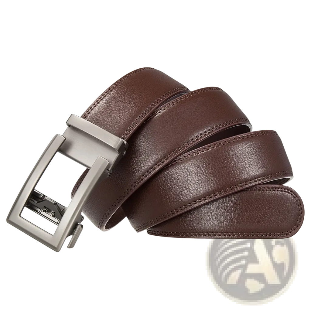 Brown leather mens automatic belt with silver-toned automatic buckle and formal black strap for dress wear