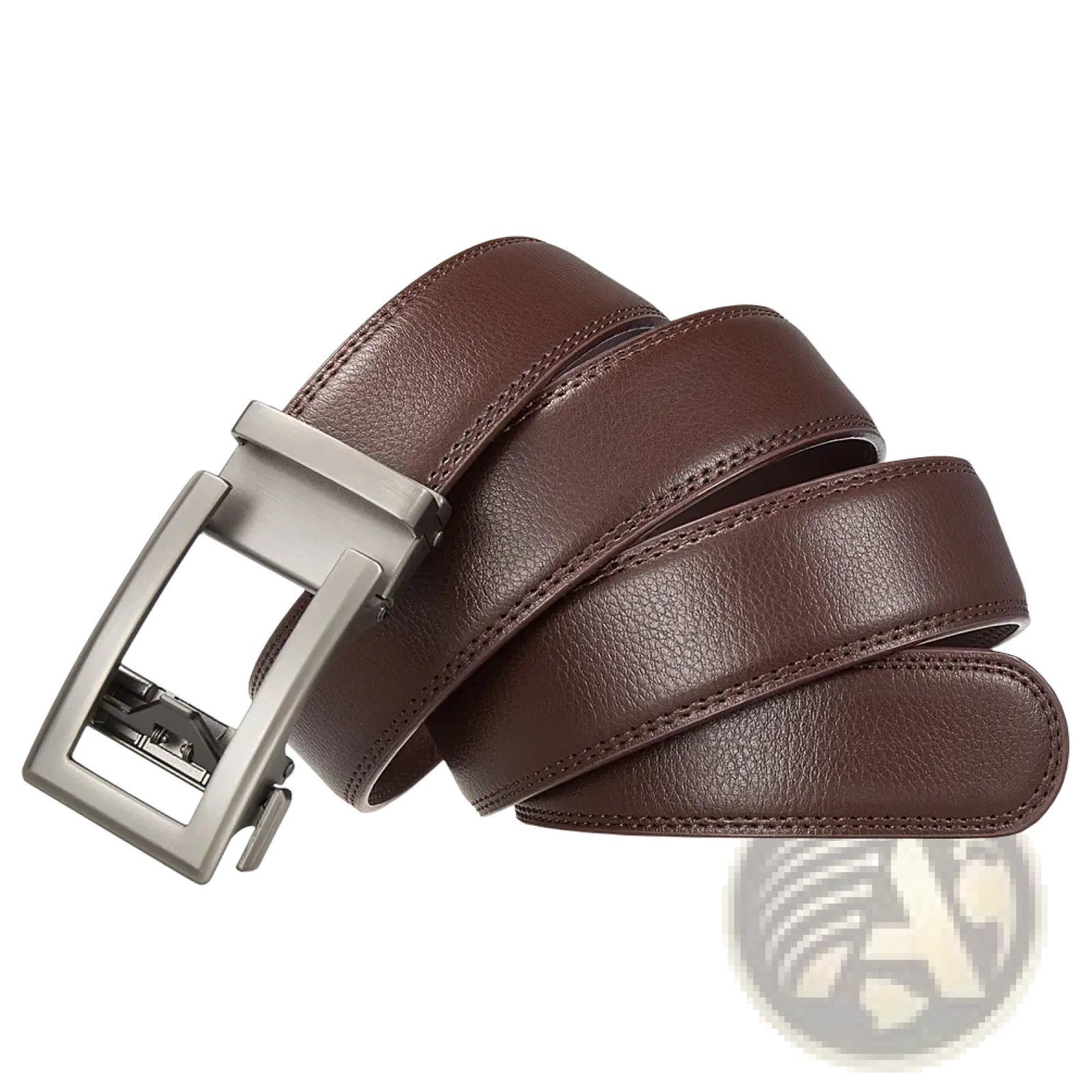 Brown leather mens automatic belt with silver-toned automatic buckle and formal black strap for dress wear