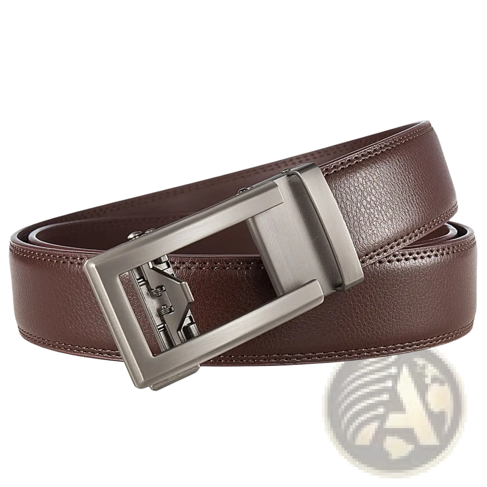 Brown leather mens automatic belt with a silver-toned buckle and a formal black strap for dress wear