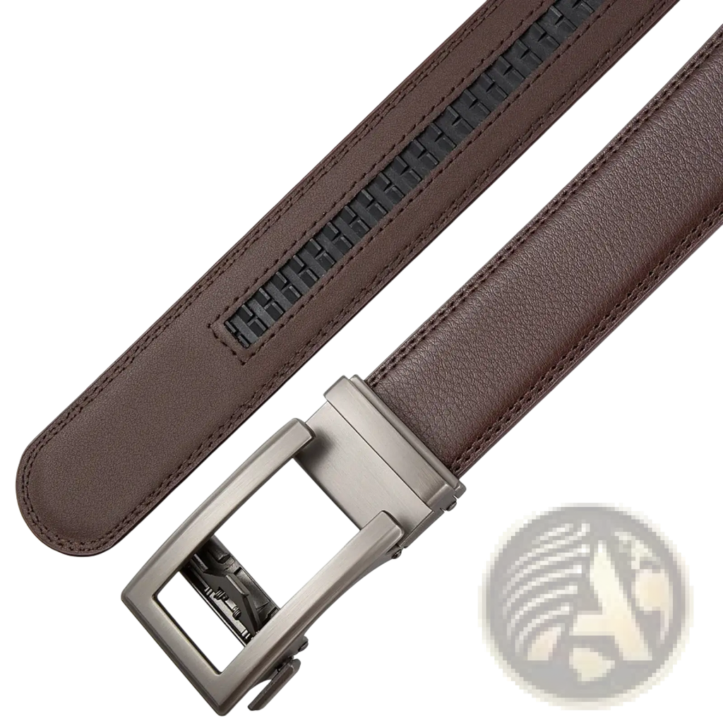 Mens automatic leather belt in brown leather with silver-toned automatic buckle and black woven stripe detail