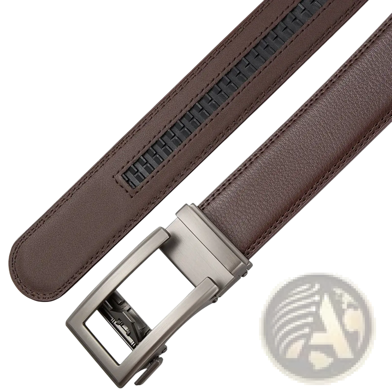 Mens automatic leather belt in brown leather with silver-toned automatic buckle and black woven stripe detail