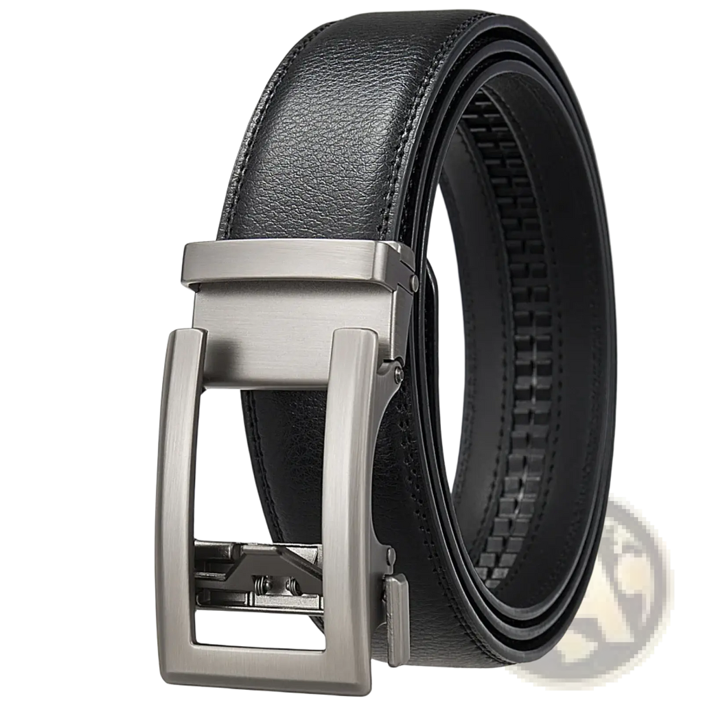 Black leather mens automatic belt with sleek silver-toned buckle for formal wear and black strap