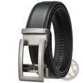Black leather mens automatic belt with sleek silver-toned buckle for formal wear and black strap