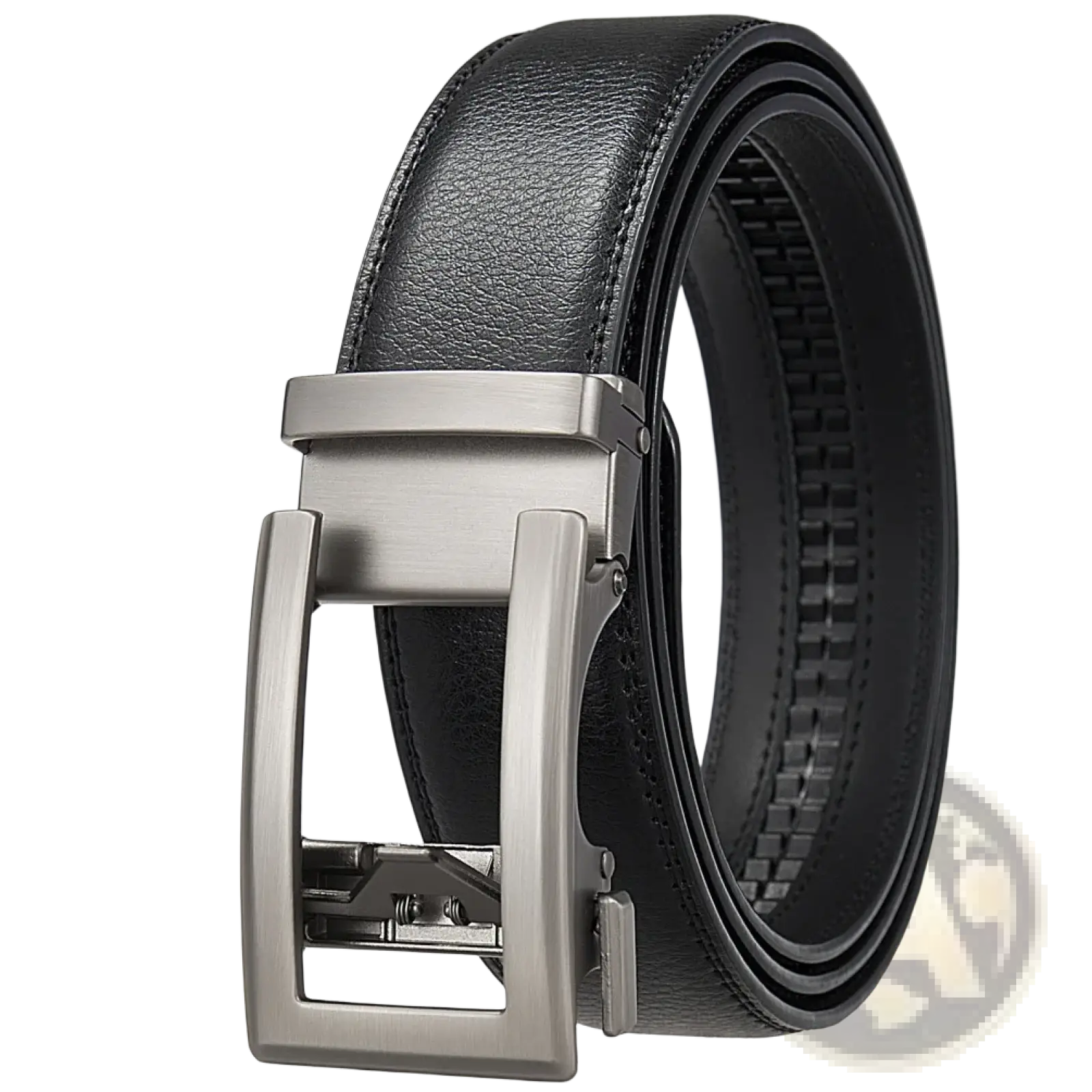 Black leather mens automatic belt with sleek silver-toned buckle for formal wear and black strap