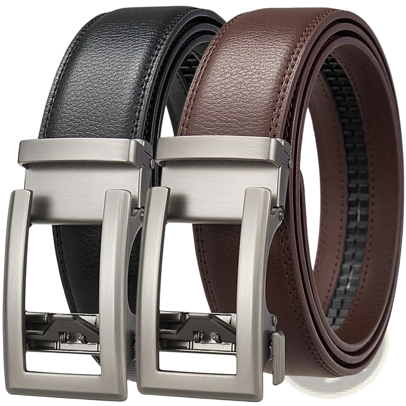 A pair of mens automatic leather belts with reversible black straps and silver-toned formal automatic buckles