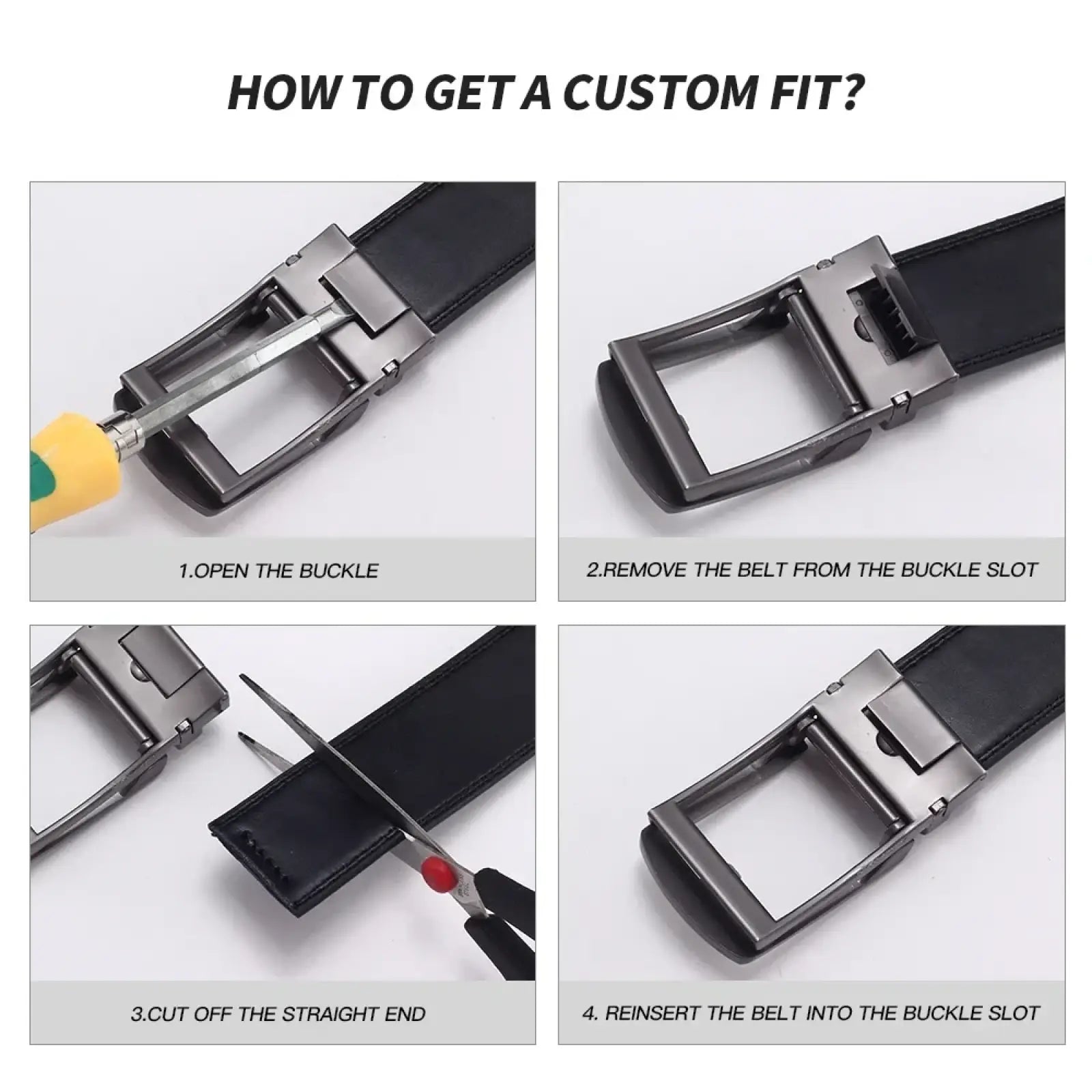 Mens automatic leather belt with black strap and silver-toned automatic buckle for formal wear