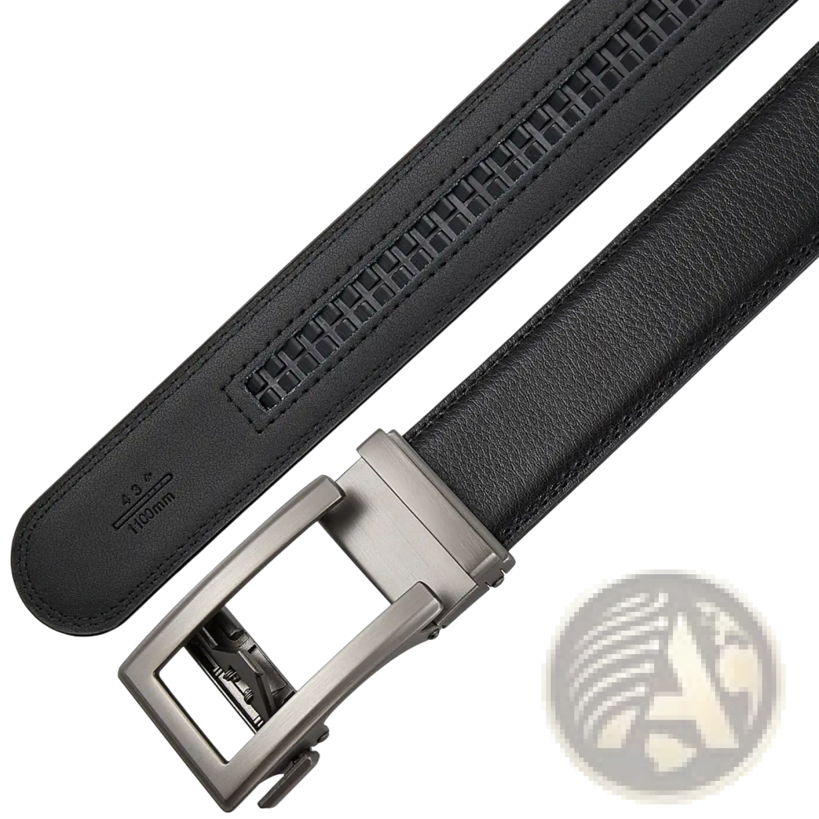 Mens automatic leather belt with a black textured strap and silver-toned automatic buckle for formal wear