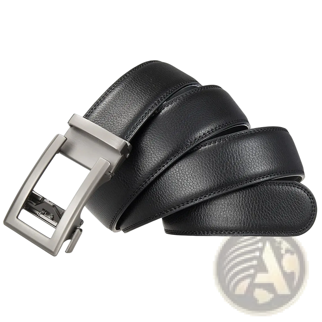 Mens automatic leather belt with formal black leather strap and silver-toned automatic buckle