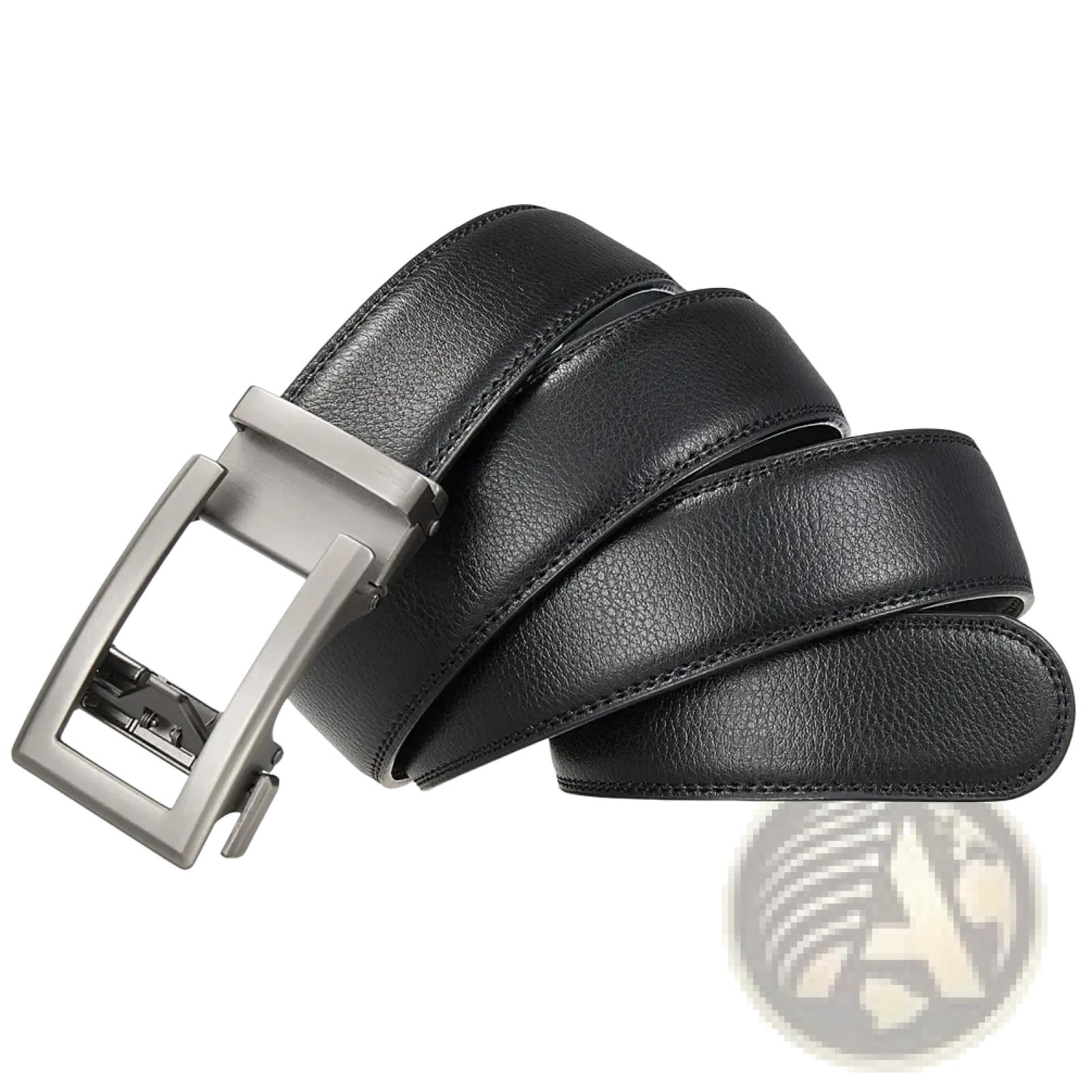 Mens automatic leather belt with formal black leather strap and silver-toned automatic buckle