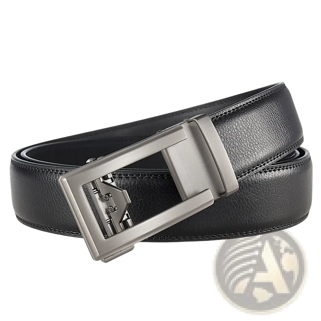 Mens automatic leather belt with a black leather strap and sleek silver-toned automatic buckle for formal wear