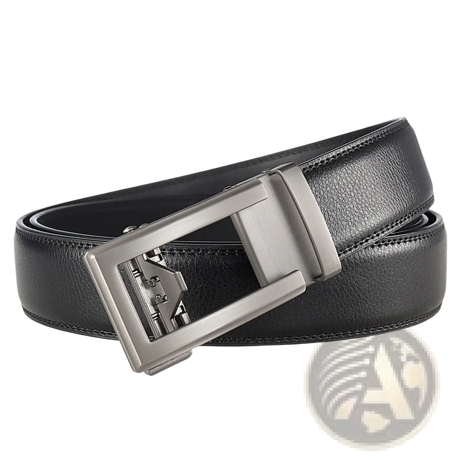 Mens automatic leather belt with a black leather strap and sleek silver-toned automatic buckle for formal wear