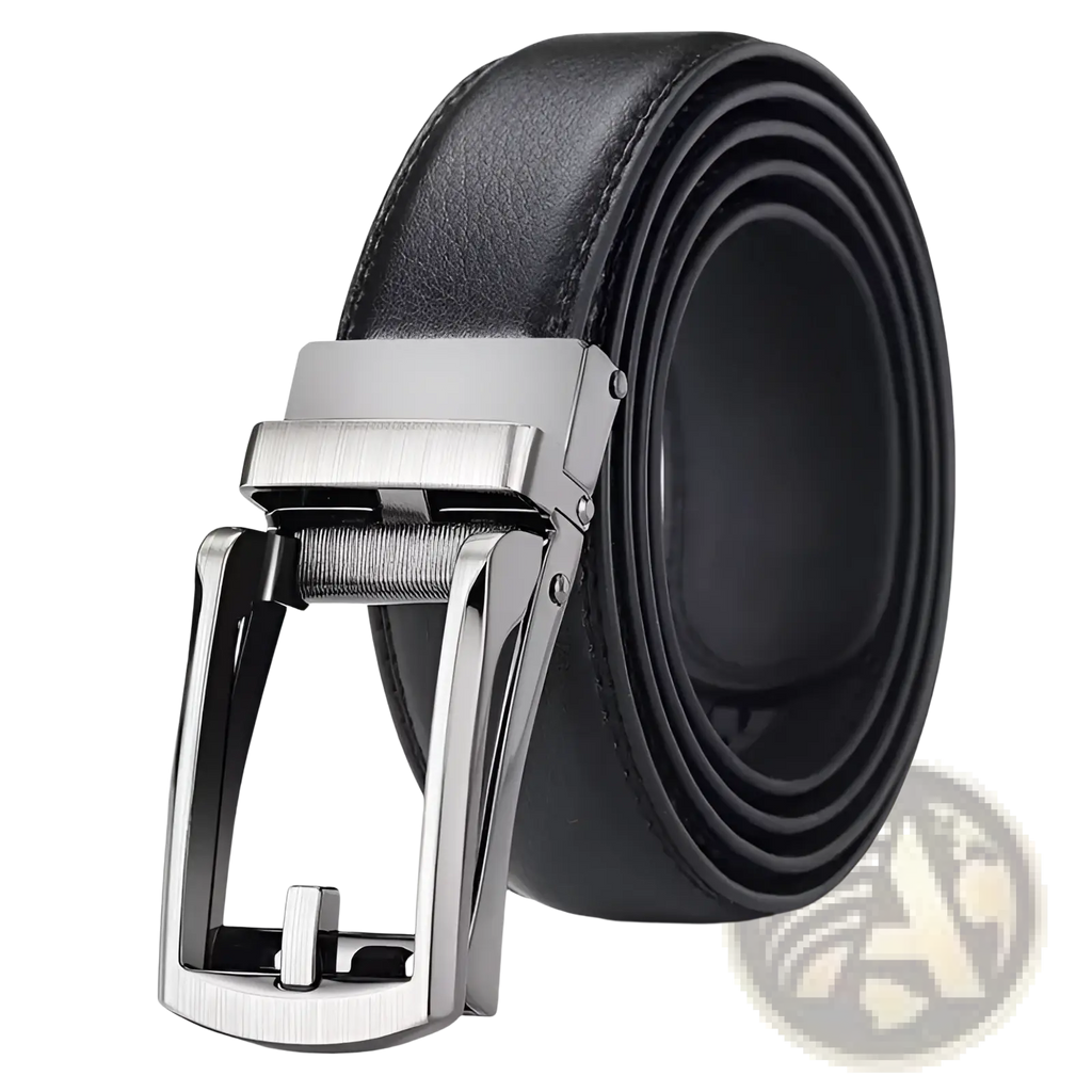 Black leather mens automatic belt with a sleek silver-toned automatic buckle for stylish wear
