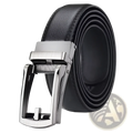 Black leather mens automatic belt with a sleek silver-toned automatic buckle for stylish wear