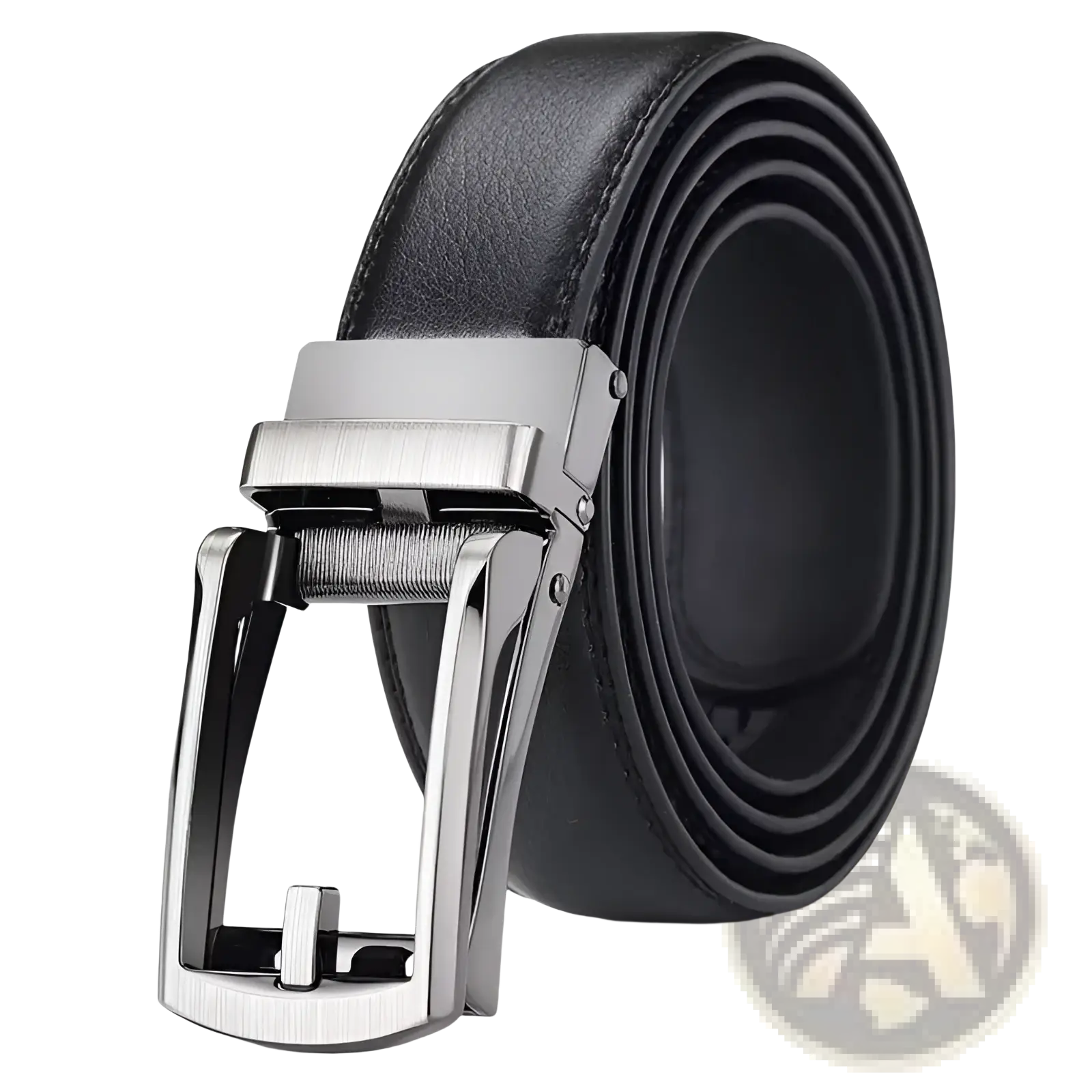 Black leather mens automatic belt with a sleek silver-toned automatic buckle for stylish wear