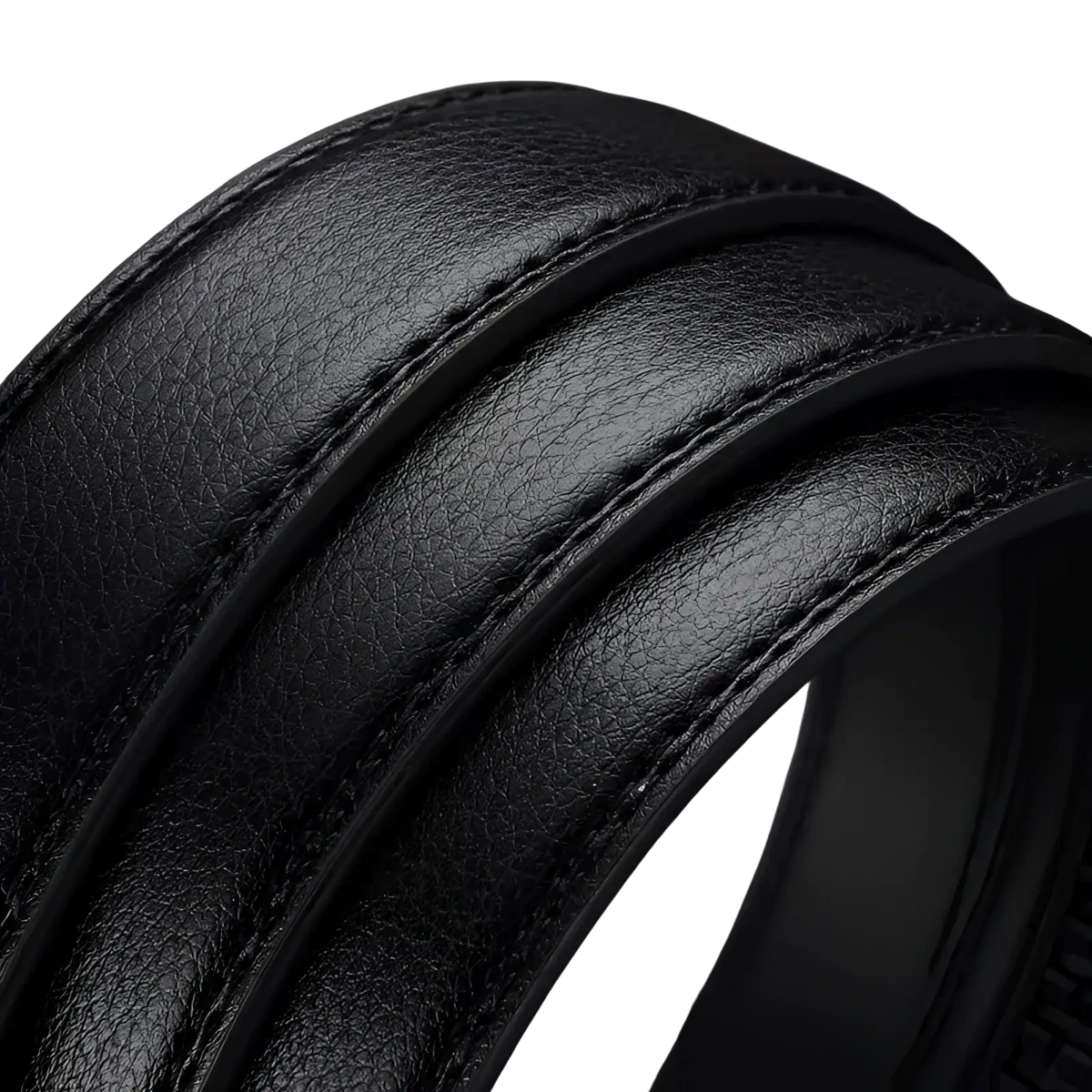 Mens automatic leather belt in black with smooth textured surface and precise edge stitching featuring a silver buckle