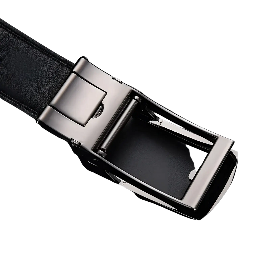 Black leather mens automatic belt with a sleek silver-toned automatic buckle for formal and casual wear
