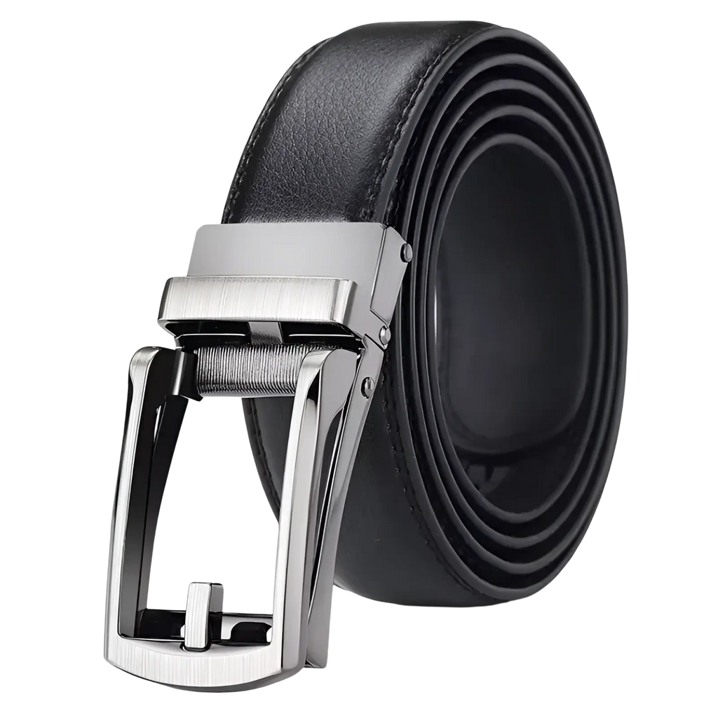 Black leather mens automatic belt with a sleek silver-toned automatic buckle for stylish wear