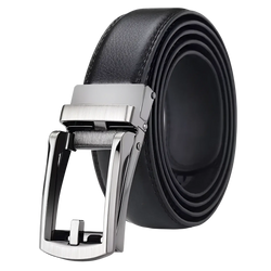 Black leather mens automatic belt with a sleek silver-toned automatic buckle for stylish wear