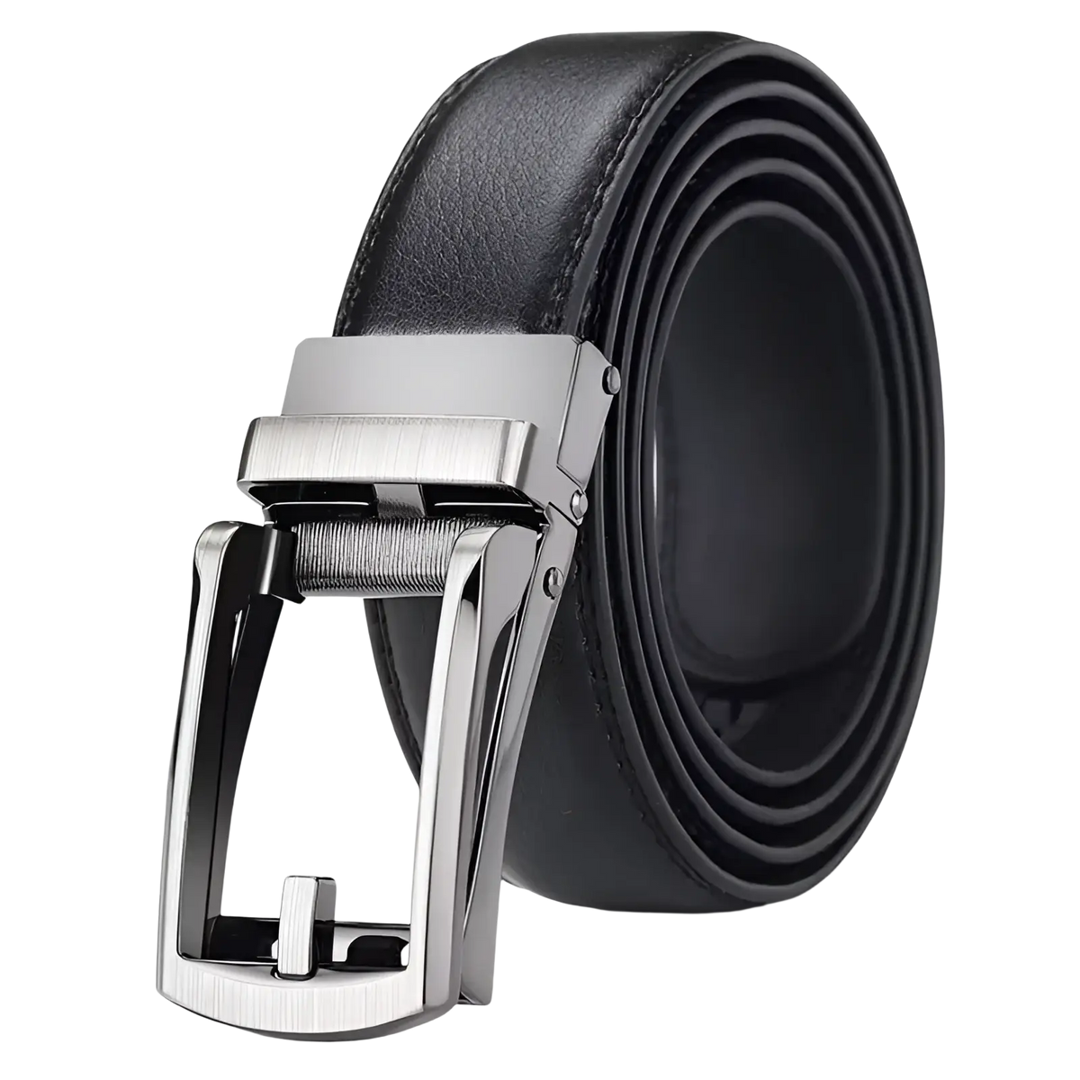 Black leather mens automatic belt with a sleek silver-toned automatic buckle for stylish wear