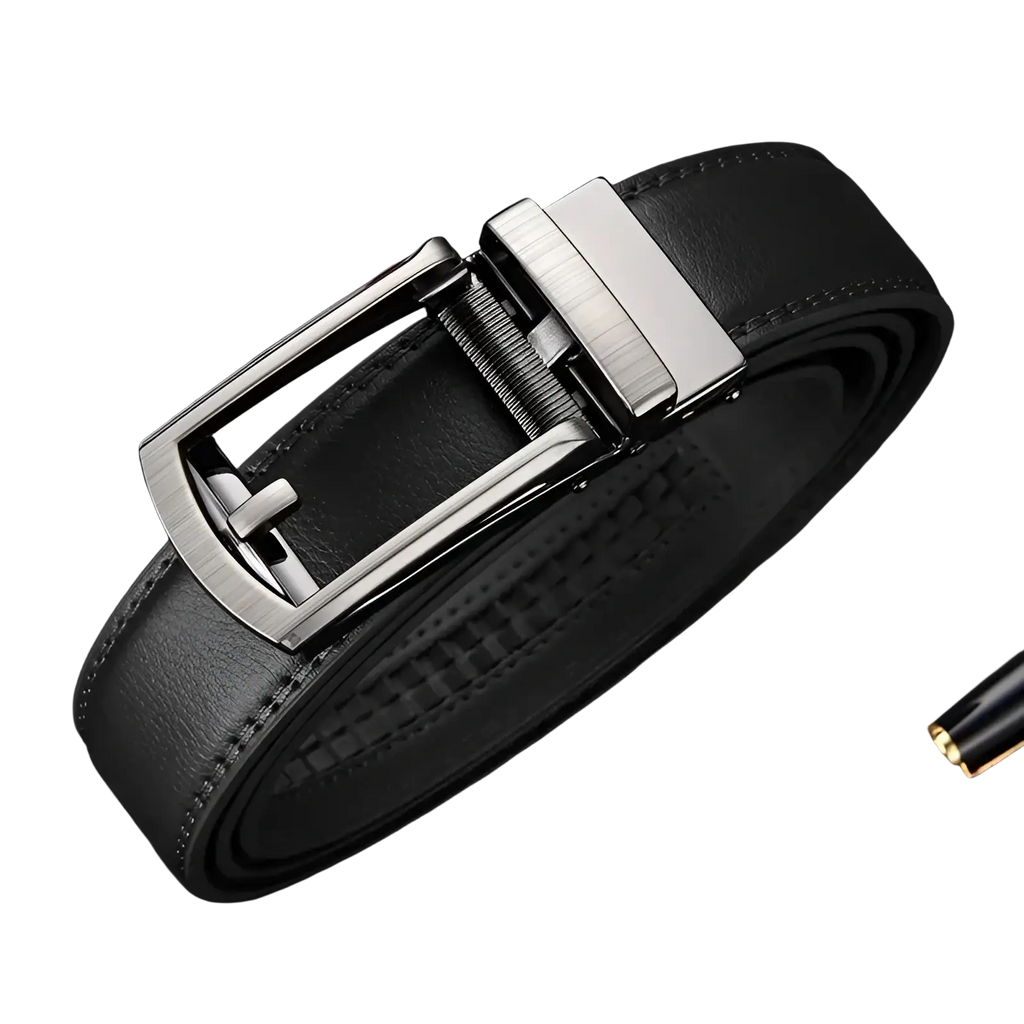 Mens automatic black leather belt with sleek brushed silver toned automatic buckle front view
