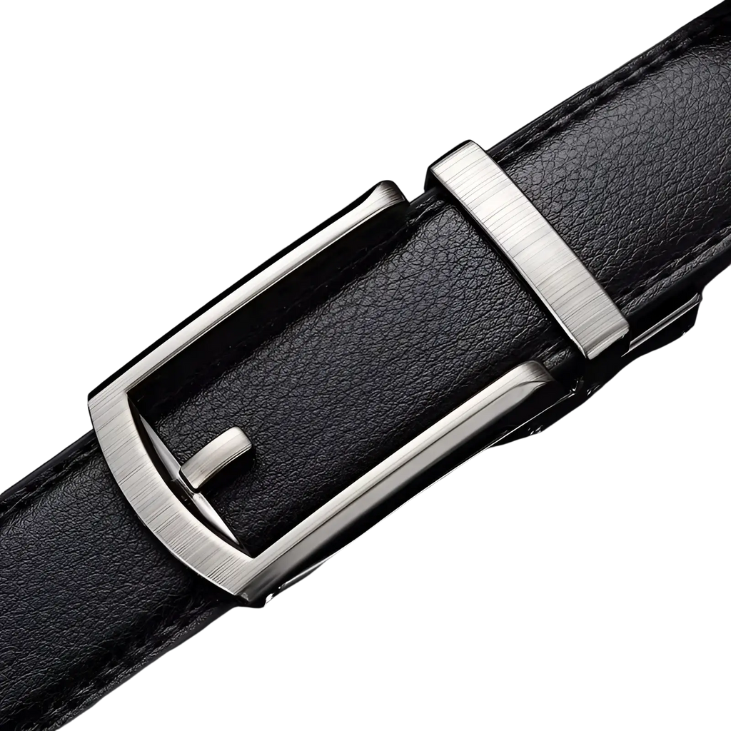 Black leather mens automatic belt with a sleek brushed silver-toned buckle for formal and casual wear