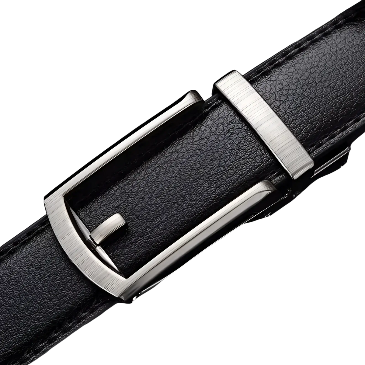 Black leather mens automatic belt with a sleek brushed silver-toned buckle for formal and casual wear