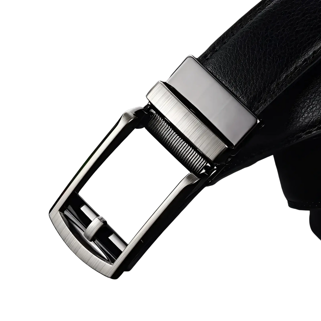 Mens automatic black leather belt featuring a sleek brushed silver-toned automatic buckle