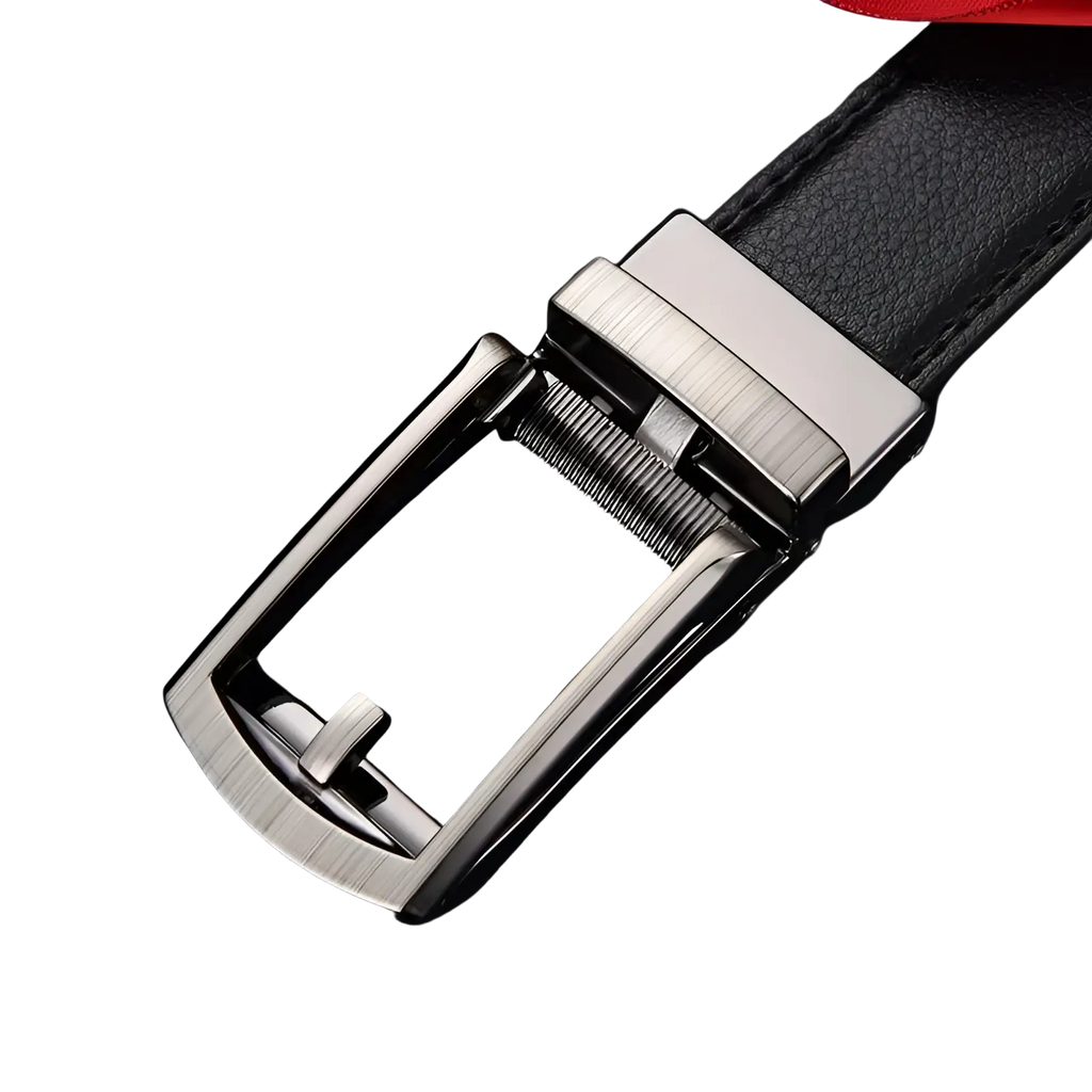 Mens automatic leather belt with black leather strap and sleek brushed silver metal automatic buckle