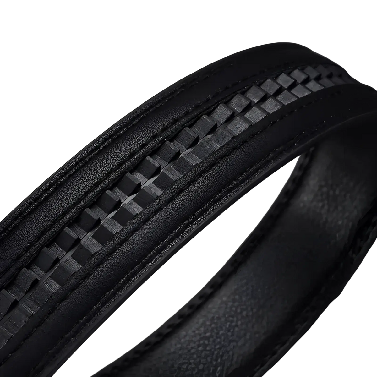 Black leather mens automatic belt with silver buckle featuring a textured woven pattern along the center