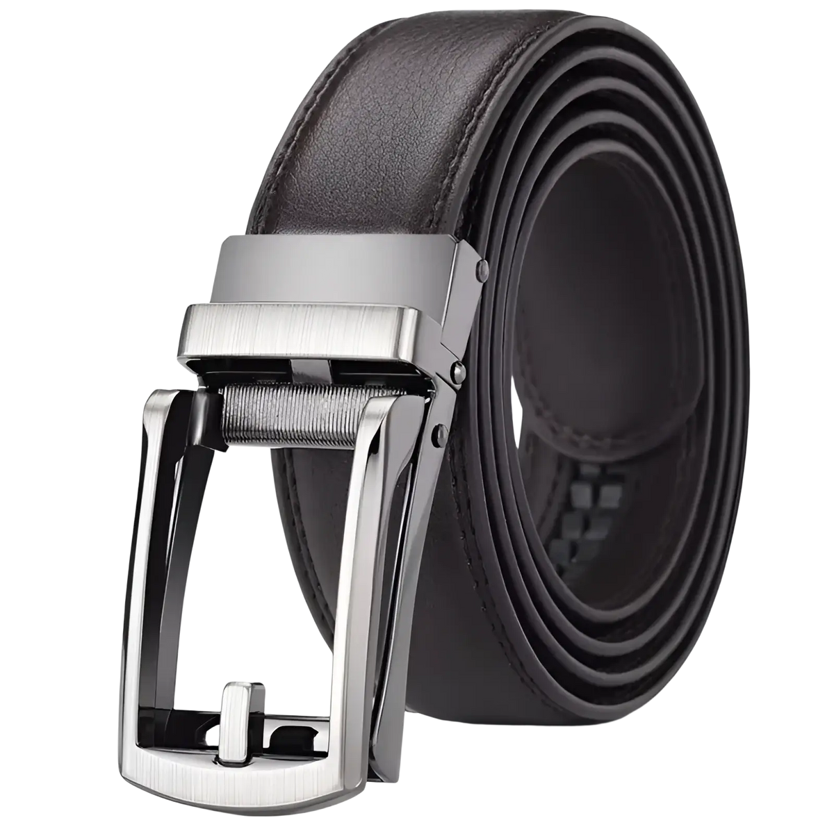 Mens automatic black leather belt with a sleek silver toned automatic buckle for stylish formal wear