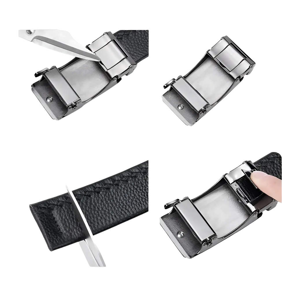 Black leather mens automatic belt with a silver-toned buckle suitable for formal and casual wear