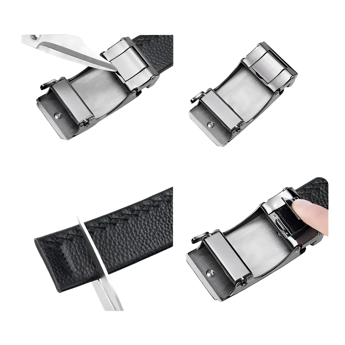 Black leather mens automatic belt with a silver-toned buckle suitable for formal and casual wear