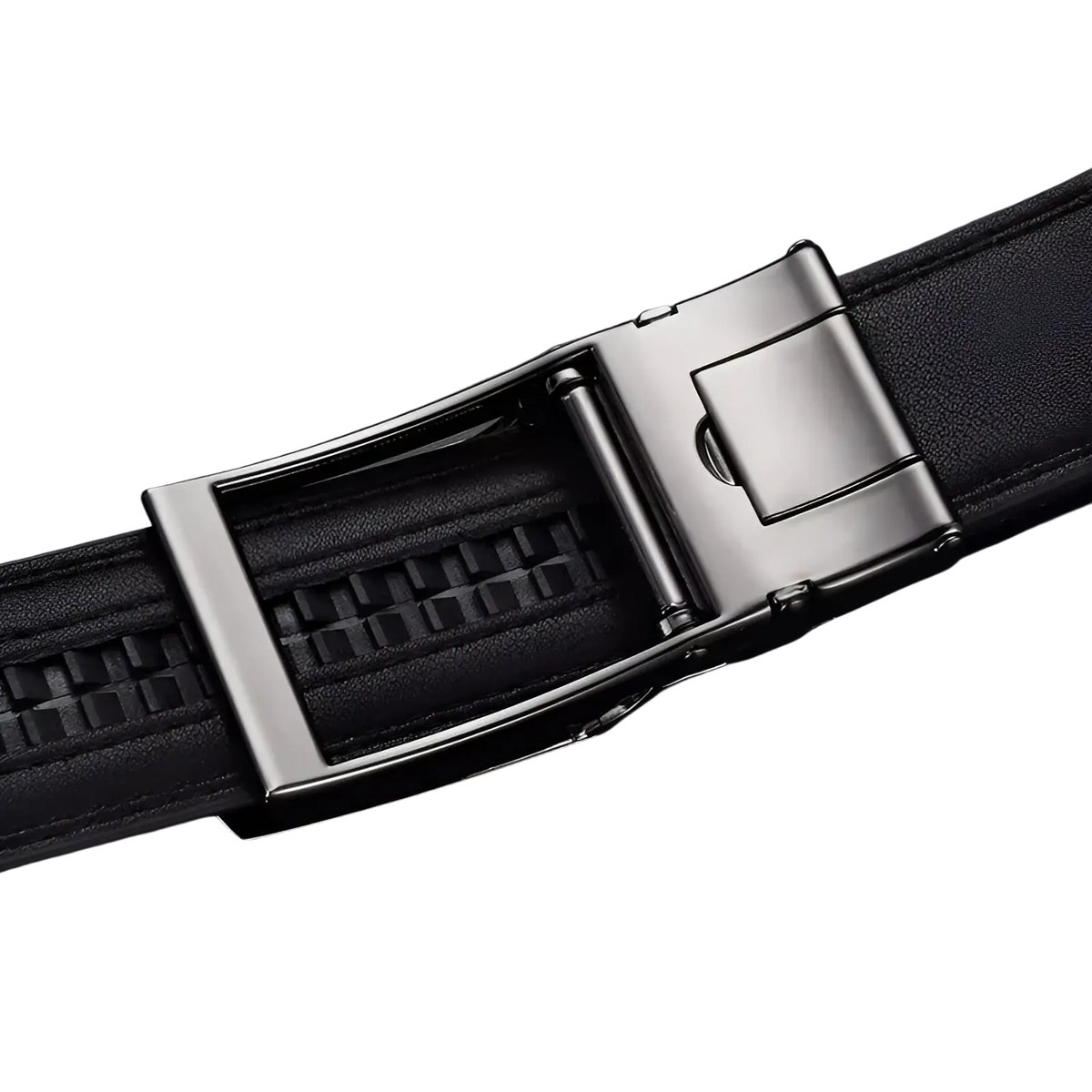Mens automatic leather belt in black with a silver-toned automatic buckle and subtle textured pattern