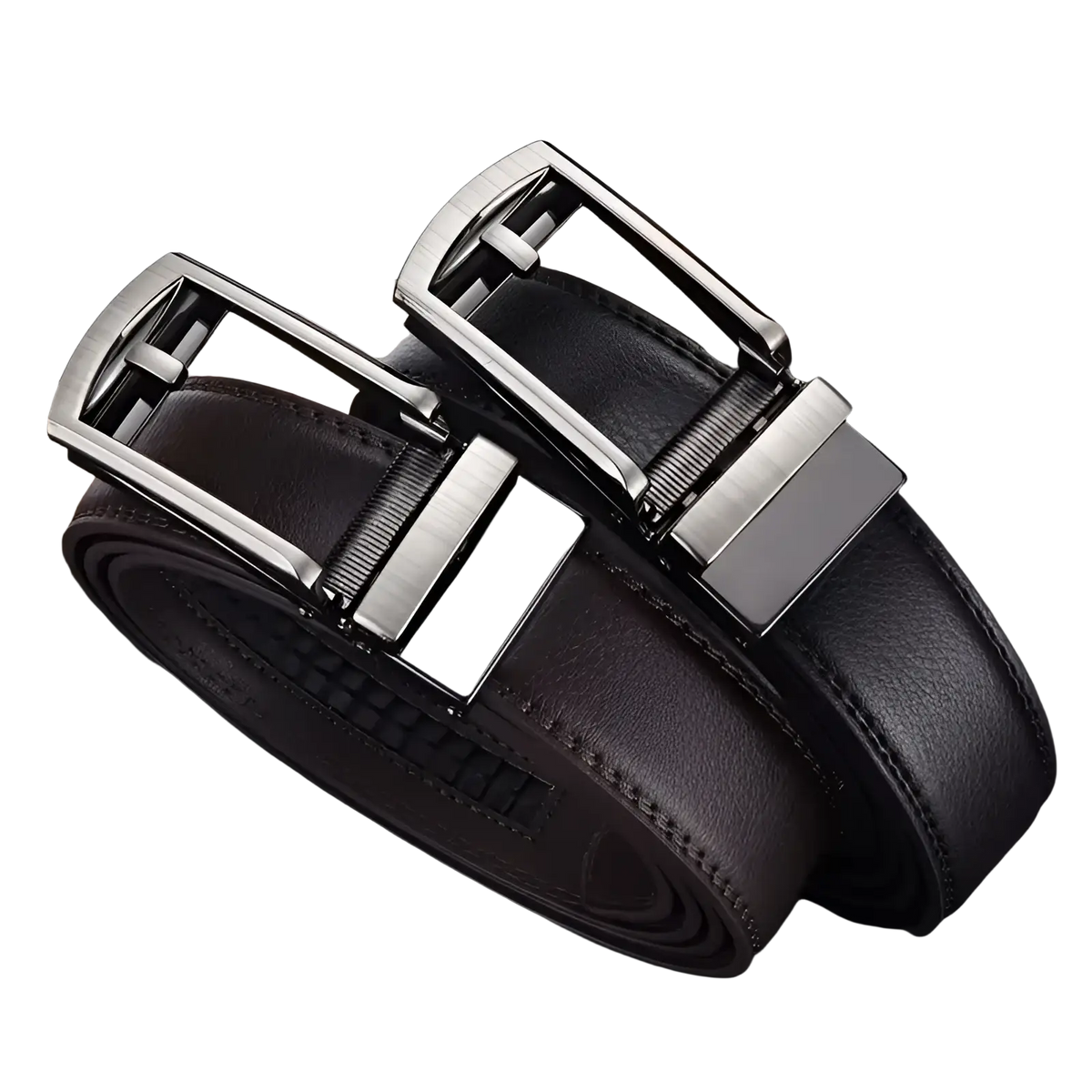 Mens automatic black leather belt with sleek silver toned automatic buckle for formal and casual wear
