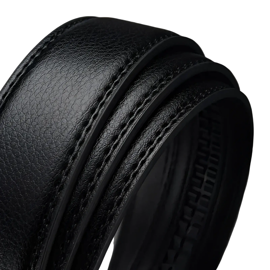 Mens automatic black leather belt with textured surface and silver buckle featuring precise edge stitching