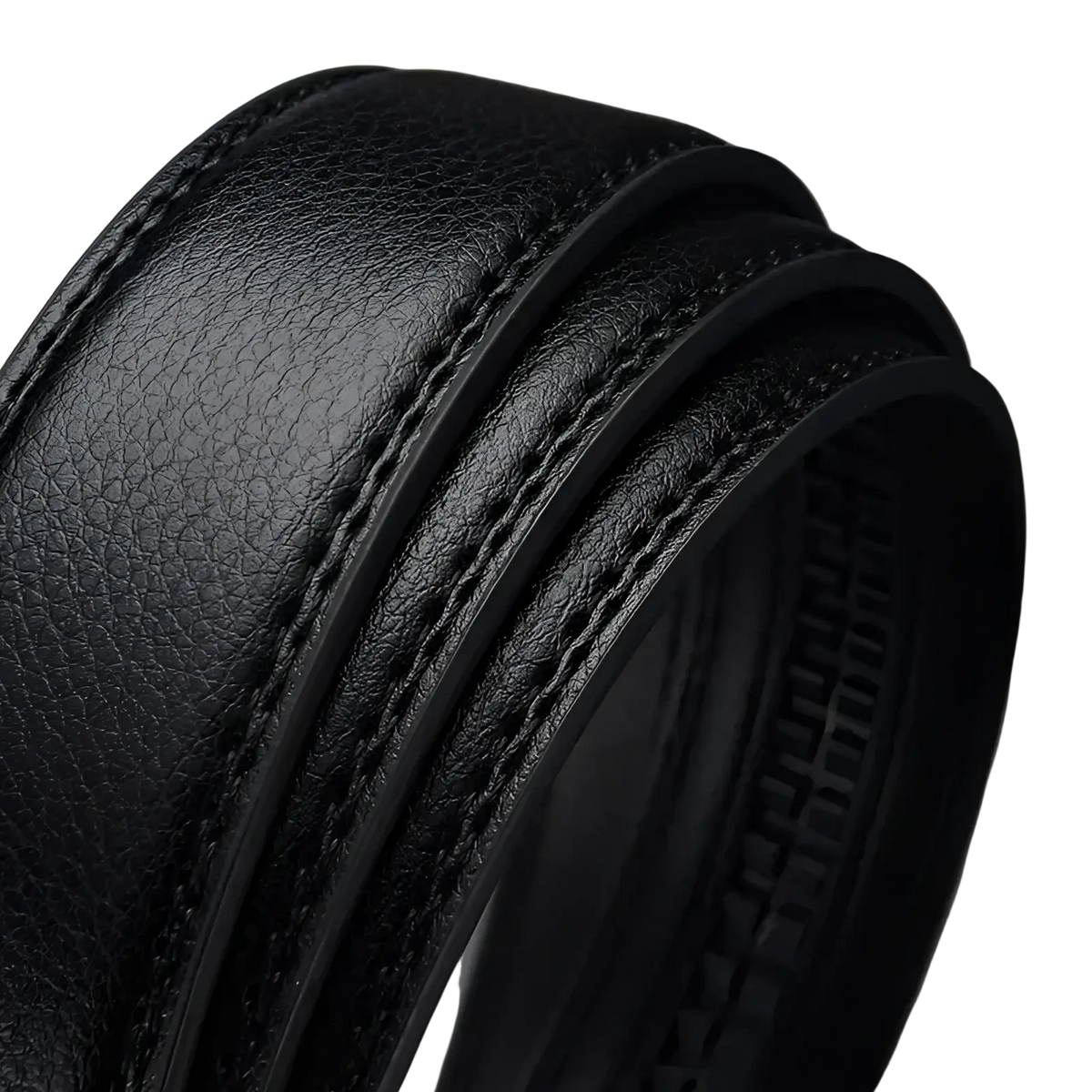 Mens automatic black leather belt with textured surface and silver buckle featuring precise edge stitching