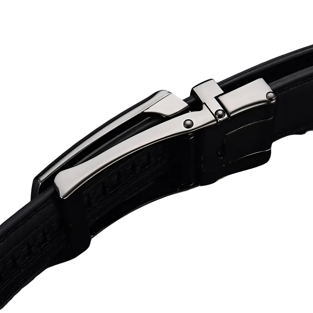 Mens automatic leather belt in black with a sleek silver-toned automatic buckle for formal wear